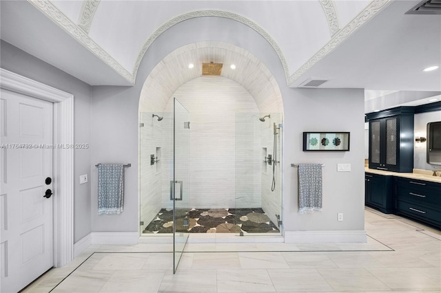 3916 Granada Blvd, Coral Gables, FL 33134 - full bath with baseboards, lofted ceiling, vanity, and a shower stall