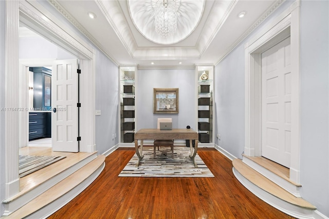 3916 Granada Blvd, Coral Gables, FL 33134 - office with crown molding, baseboards, a chandelier, a raised ceiling, and wood finished floors