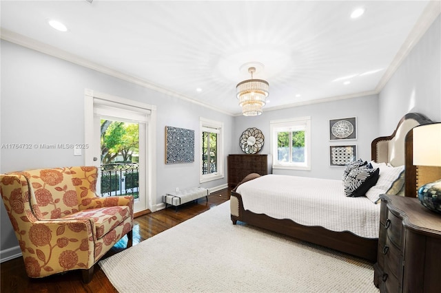 3916 Granada Blvd, Coral Gables, FL 33134 - bedroom featuring multiple windows, ornamental molding, access to exterior, and wood finished floors