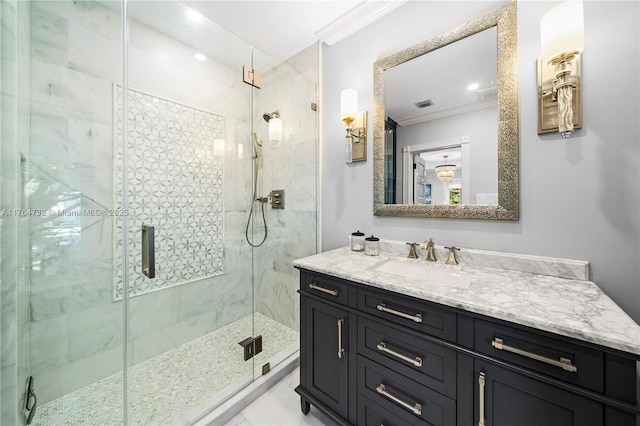 3916 Granada Blvd, Coral Gables, FL 33134 - bathroom with a shower stall, visible vents, crown molding, and vanity