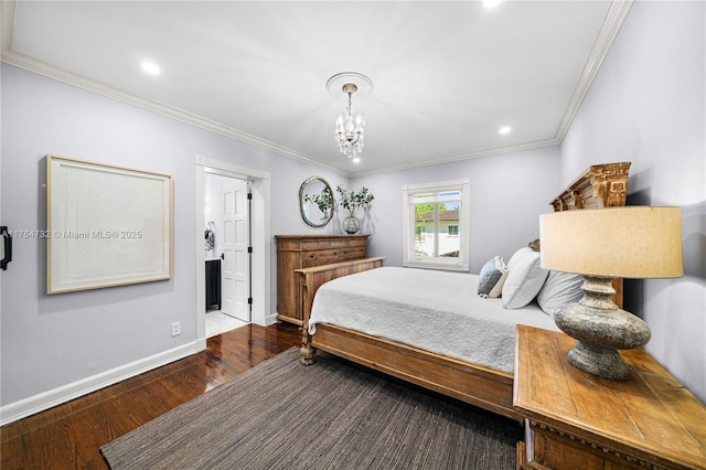 3916 Granada Blvd, Coral Gables, FL 33134 - bedroom with a chandelier, wood finished floors, ensuite bathroom, baseboards, and ornamental molding