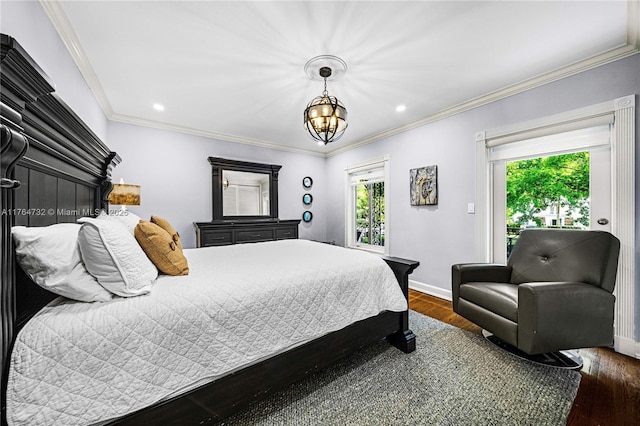3916 Granada Blvd, Coral Gables, FL 33134 - bedroom featuring a chandelier, wood finished floors, baseboards, ornamental molding, and recessed lighting