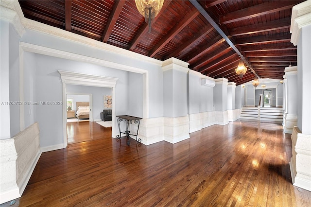 3916 Granada Blvd, Coral Gables, FL 33134 - interior space featuring lofted ceiling with beams, stairway, wooden ceiling, and hardwood / wood-style flooring