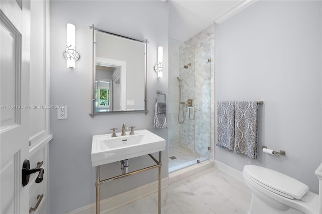 3916 Granada Blvd, Coral Gables, FL 33134 - full bathroom with baseboards, marble finish floor, toilet, a sink, and a stall shower