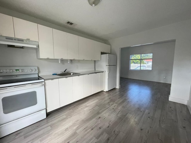 kitchen with white appliances, under cabinet range hood, a sink, visible vents, and wood finished floors