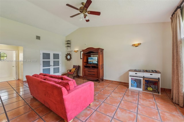 19460 NW 8th St, Pembroke Pines, FL 33029 - living room featuring light tile patterned floors, vaulted ceiling, a ceiling fan, french doors, and baseboards