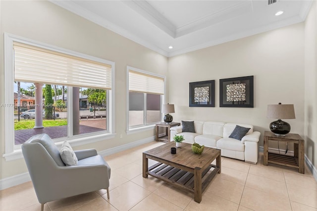 living area with crown molding, baseboards, light tile patterned floors, and recessed lighting