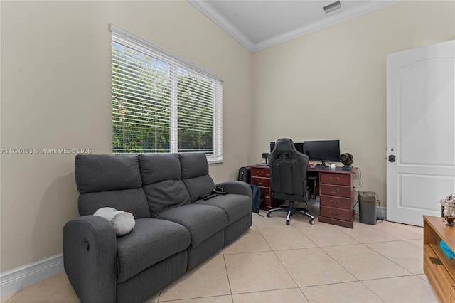 home office featuring crown molding and light tile patterned flooring