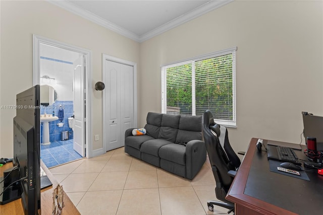 office with light tile patterned flooring and crown molding