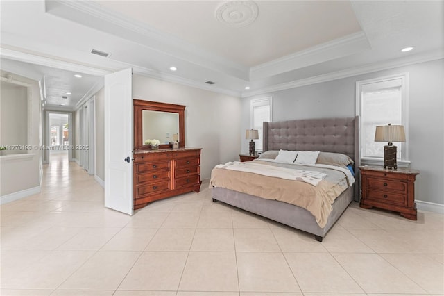 bedroom with crown molding, a tray ceiling, recessed lighting, light tile patterned flooring, and baseboards