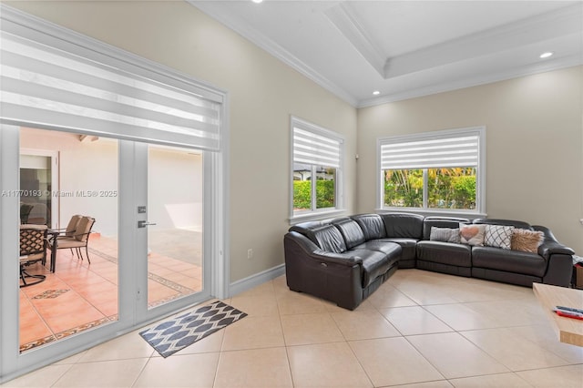 living room with ornamental molding, light tile patterned floors, and recessed lighting