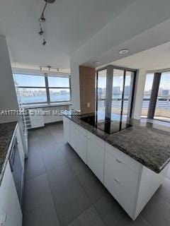 19101 NE Mystic Pointe Dr Unit 1601, Aventura, FL 33180 - kitchen with white cabinets, plenty of natural light, black electric cooktop, and dark stone counters