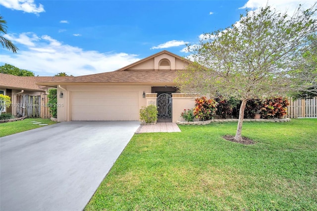 ranch-style house featuring fence, an attached garage, concrete driveway, a front lawn, and stucco siding