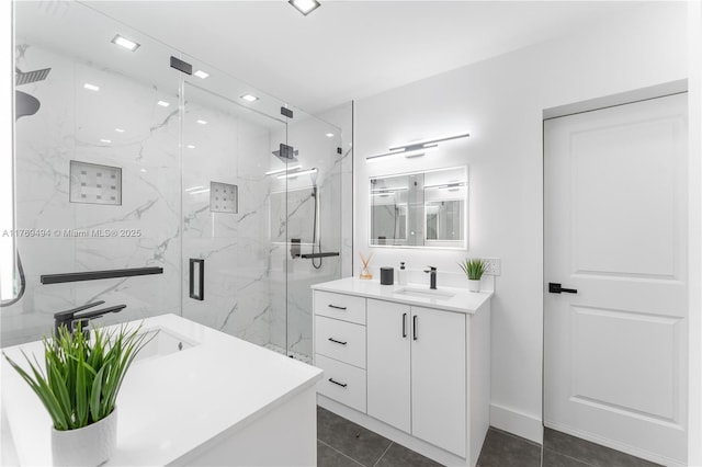 3291 SW 16th Ln, Miami, FL 33145 - bathroom featuring vanity, a marble finish shower, and tile patterned floors