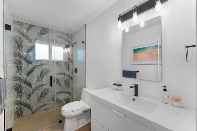 bathroom with vanity, a stall shower, and toilet