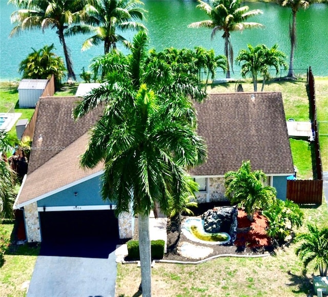 aerial view featuring a water view