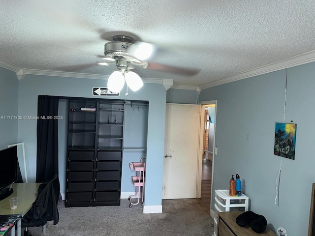 interior space featuring ceiling fan, crown molding, a textured ceiling, and carpet