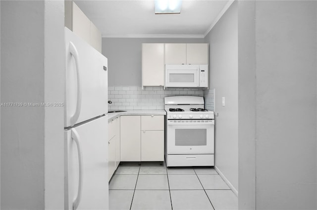 6711 N Kendall Dr Unit 510, Pinecrest, FL 33156 - kitchen featuring white appliances, light countertops, decorative backsplash, ornamental molding, and light tile patterned floors