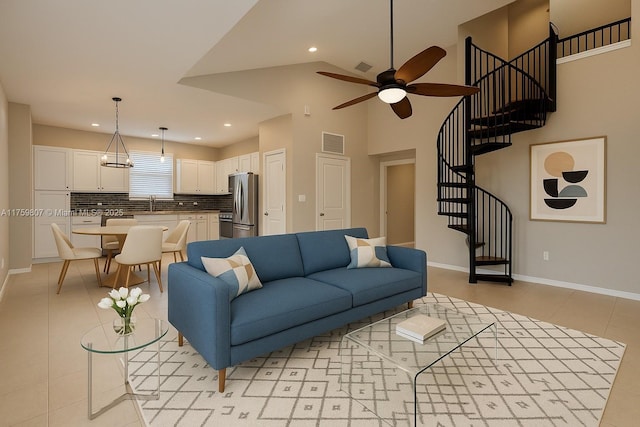 2907 Tortola Way, Cooper City, FL 33024 - living room featuring stairway, a ceiling fan, light tile patterned floors, baseboards, and recessed lighting