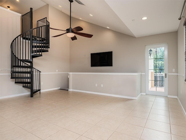 unfurnished living room featuring baseboards, a ceiling fan, recessed lighting, tile patterned floors, and lofted ceiling