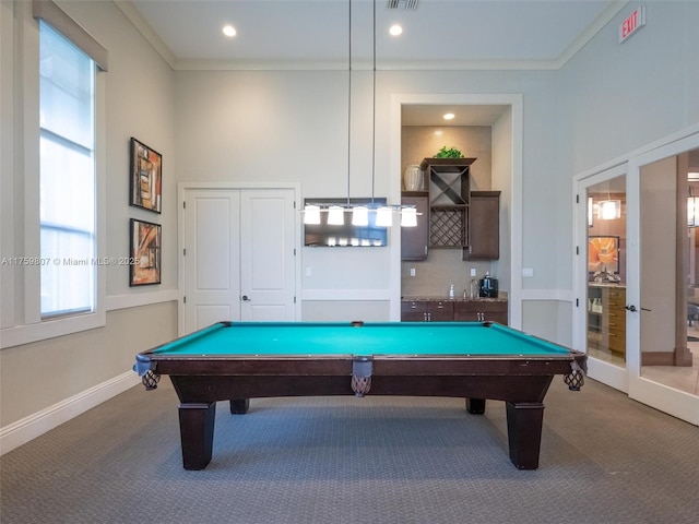 game room featuring crown molding, carpet floors, baseboards, and pool table