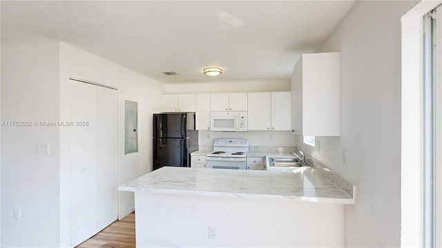 219 SW 6th Ln, Florida City, FL 33034 - kitchen featuring white appliances, white cabinets, a sink, visible vents, and a peninsula