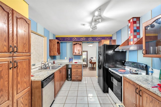 766 NW 24th Ave, Delray Beach, FL 33445 - kitchen with electric range oven, stainless steel dishwasher, a sink, brown cabinetry, and light tile patterned flooring