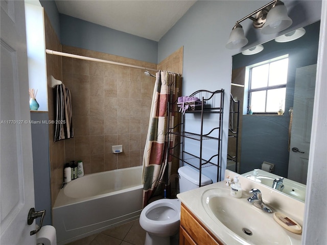 full bathroom with shower / bath combination with curtain, toilet, vanity, and tile patterned floors