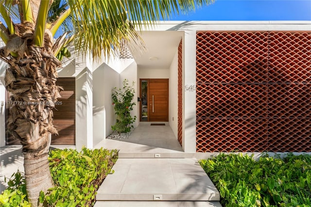 doorway to property featuring stucco siding