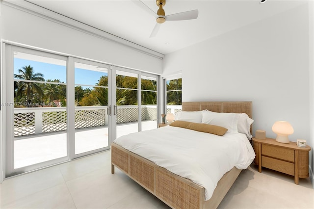 bedroom with light tile patterned flooring and a ceiling fan