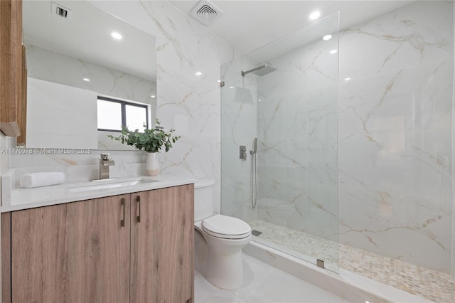 475 NW 87th St, El Portal, FL 33150 - full bathroom featuring toilet, a marble finish shower, vanity, recessed lighting, and marble finish floors