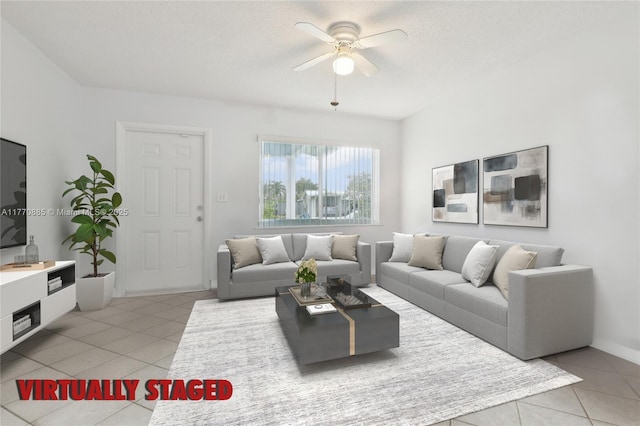 4499 NW 18th Ave, Oakland Park, FL 33309 - living room featuring light tile patterned flooring, ceiling fan, a textured ceiling, and baseboards