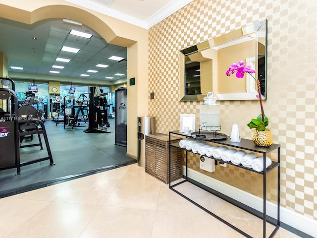 9595 Collins Ave Unit N5-J, Surfside, FL 33154 - workout area with baseboards, ornamental molding, wallpapered walls, and tile patterned flooring