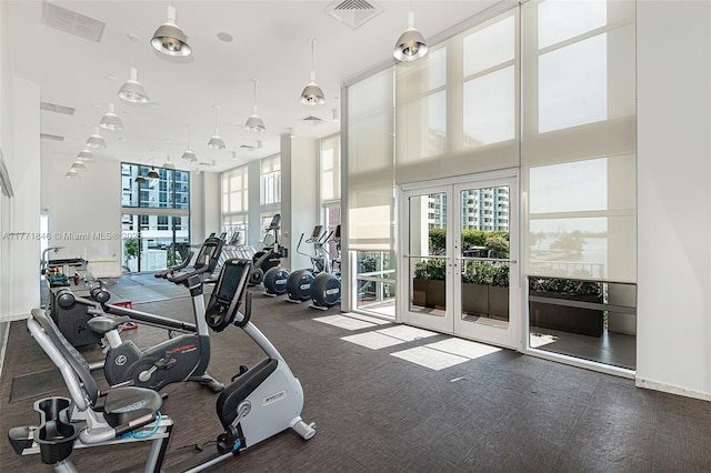 exercise room featuring a towering ceiling, carpet, french doors, and visible vents