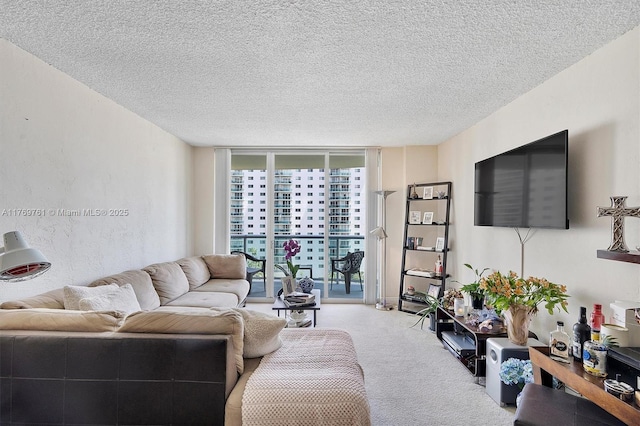 carpeted living area featuring a textured ceiling and floor to ceiling windows