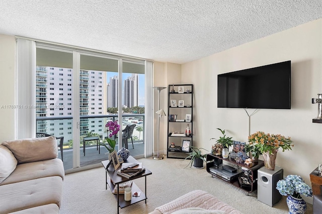 carpeted living room featuring a textured ceiling and floor to ceiling windows
