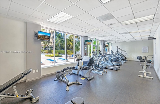 workout area featuring a drop ceiling, baseboards, and a healthy amount of sunlight