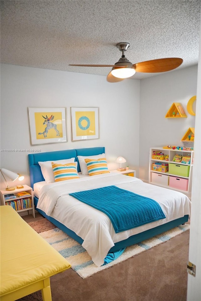1170 N Hiatus Rd Unit 1170, Pembroke Pines, FL 33026 - bedroom with carpet floors, a textured ceiling, and a ceiling fan