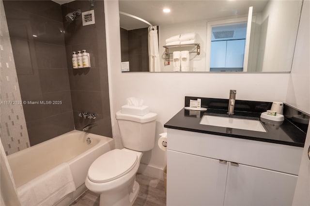 19201 Collins Ave Unit 425, Sunny Isles Beach, FL 33160 - full bath with vanity, shower / tub combo with curtain, toilet, recessed lighting, and baseboards