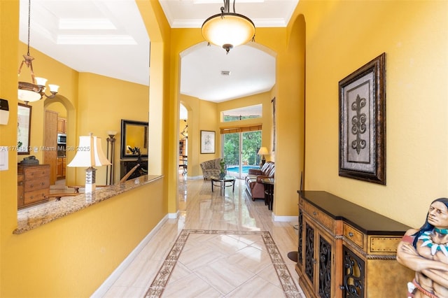 3091 SW 195th Ter, Miramar, FL 33029 - corridor featuring baseboards, arched walkways, crown molding, and visible vents