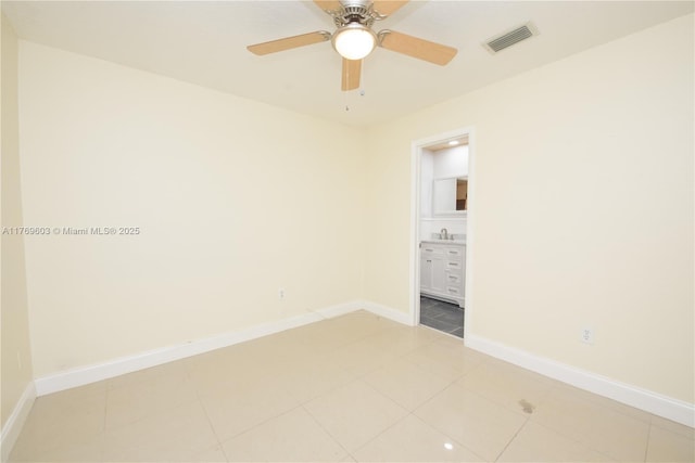 spare room with baseboards, visible vents, a sink, and a ceiling fan