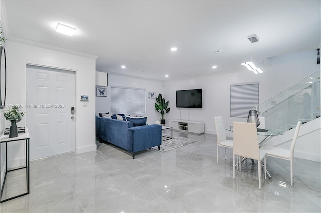 living area featuring marble finish floor, crown molding, baseboards, and recessed lighting