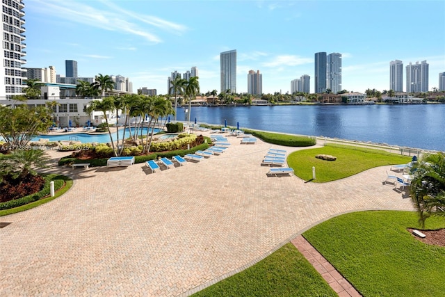 view of water feature with a view of city