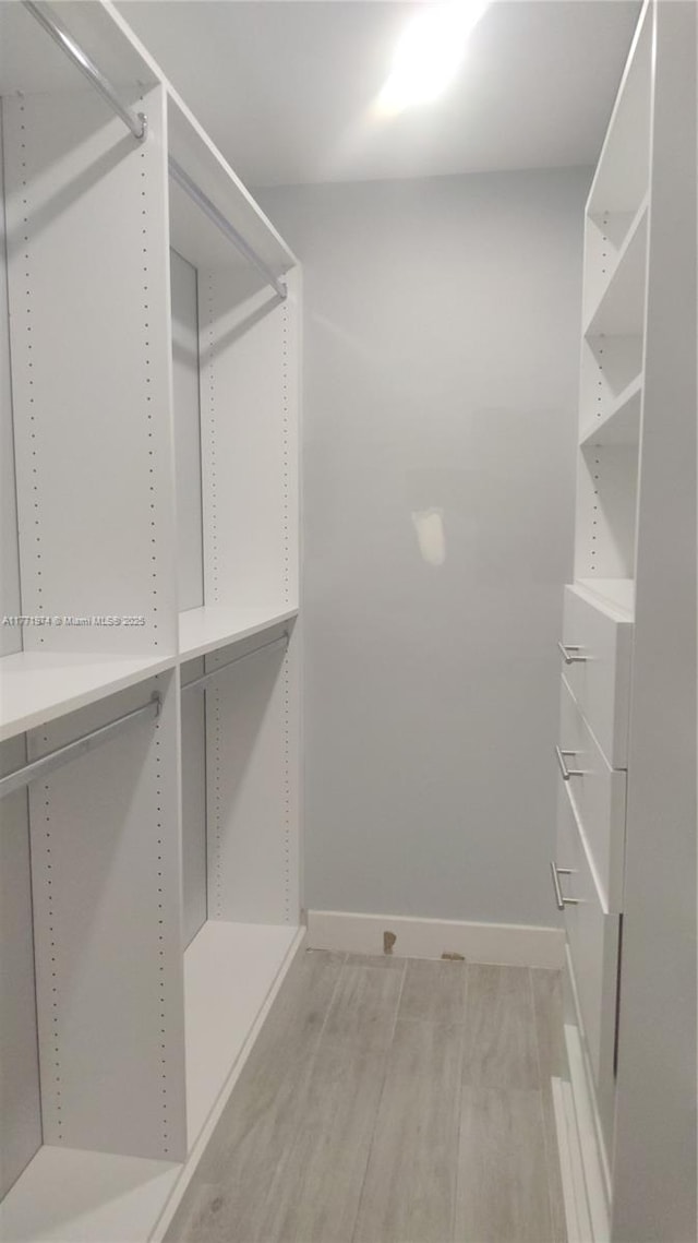 walk in closet with light wood-style flooring