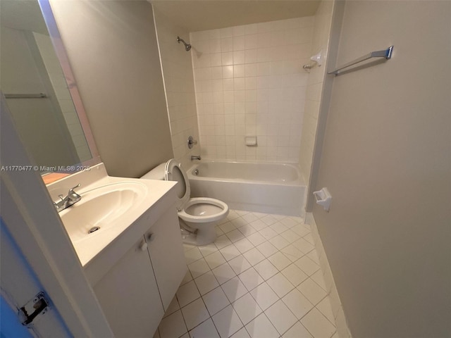 full bath with tile patterned flooring, vanity, toilet, and  shower combination