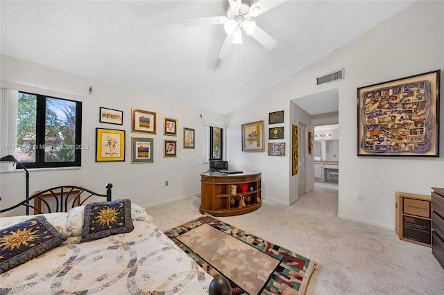 bedroom featuring baseboards, carpet, lofted ceiling, and visible vents