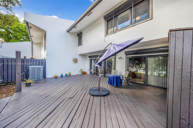deck featuring central air condition unit and fence