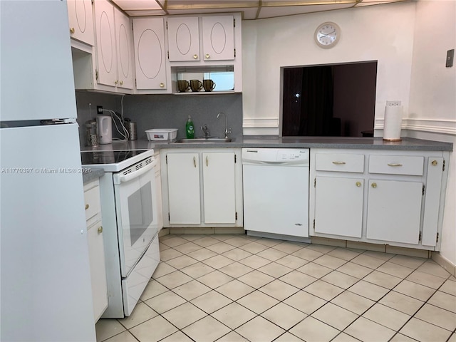 1680 NE 191st St Unit 107-2, Miami, FL 33179 - kitchen featuring white cabinets, white appliances, a sink, open shelves, and backsplash