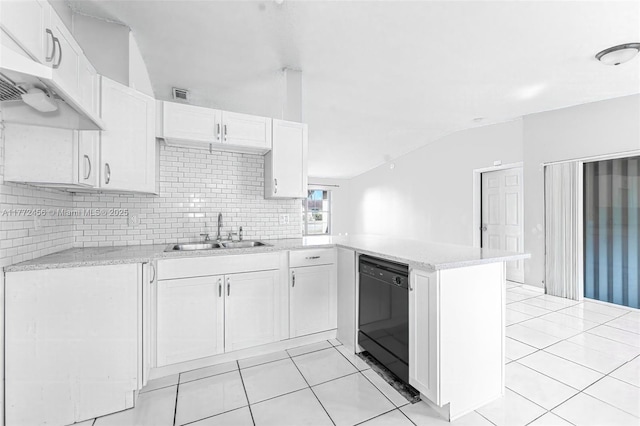 kitchen with black dishwasher, a sink, visible vents, white cabinets, and a peninsula