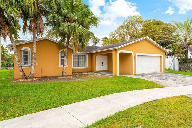 ranch-style home with fence, a garage, concrete driveway, a front yard, and stucco siding